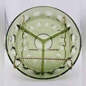 Vintage, Green, Relish Dish, Thumbprint Kings Crown Design by Indiana Glass